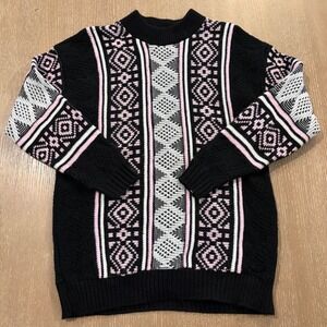 Vintage Domani Women's Large Geometric Knit Sweater Black Pink Made USA